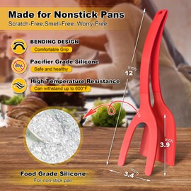 Egg Flipper Spatula 2 PCS 2 in 1 Grip and Flip Spatula Tongs Spatulas for Kitchen use Eggflipper Spatulaflipper Eggturner Pancake Fish French Toast Omelet Making for Home Cooking Tool (red)