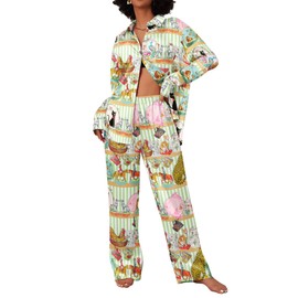 Ekouaer Womens Satin Silky Pajama Set 2 Piece Print PJs Soft Loungewear Button Down Sleepwear with Elastic Waist Long Pants Yellow Leopard M