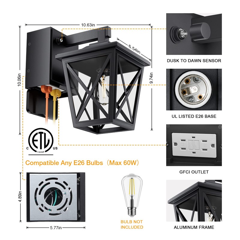 Ehaho Porch Lights with Outlet, Dusk to Dawn Outdoor with
