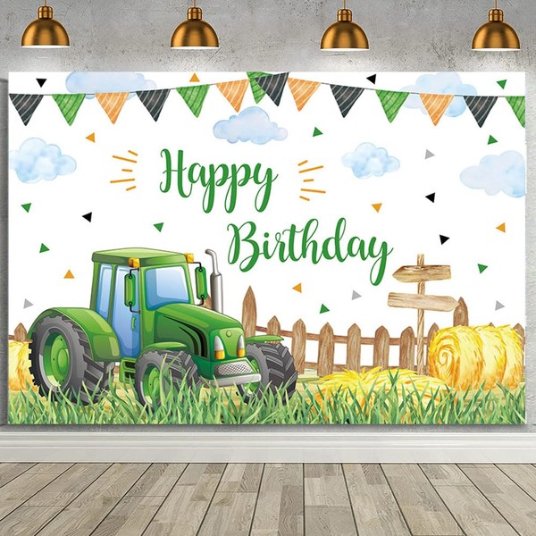MEHOFOND 7x5ft Green Tractor Birthday Backdrop Green Grass Farm Birthday