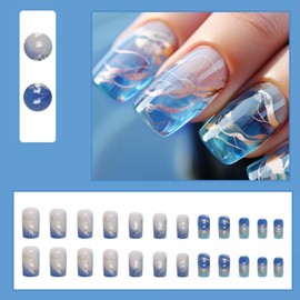 YoYoee Short Square Press on Nails Gradient Luxury False Nails Acrylic Full Cover Galaxy Fake Nails for Women and Girls 24PCS