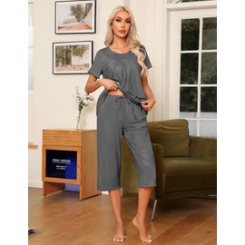Ekouaer Pajama Set for Women 2 Piece Capri Pants Short Sleeve Top Sleepwear Soft Pjs Loungewear with Pockets S-3XL Dark Gray