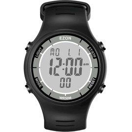 EZON L008 Digital Watch 5AT Waterproof Stopwatch with Countdown Timer/Chronograph/Lap Timing/EL Backlight/Alarm, Non-Bluetooth, Unisex Digital Sports Watch L008, Black, Classic
