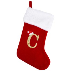 20 Inches Monogram Christmas Stockings with Letters, Large Super Soft Christmas Stockings Red Velvet with White Super Soft Plush Cuff for Christmas Xmas Tree Holiday Fireplace Family Decor Gifts (C)