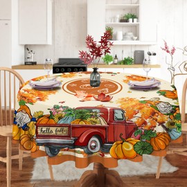 JNDJE Fall Round Tablecloth 60 Inch, Autumn Decor Pumpkin Red Truck Orange Tablecloths Polyester Vintage for Picnic Party Dinner Thanksgiving