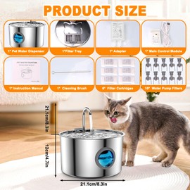 Cat Water Fountain, 3.2l Stainless Steel Water Fountain, New Upgraded Wireless Drinking Fountain for Cats & Small Dogs, Ultra-Quiet Pump, 4-Stage Filtration (1PCS + 10filters)