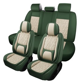 otoez Car Seat Covers Full Set, Nappa Leather Seat Covers for Cars with Lumbar Support, Breatheable Automotive Seat Cover Protector Universal Fit for Most Car Sedan SUV Truck, Green & Beige