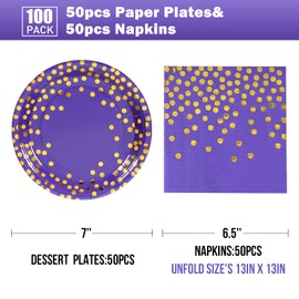 Purple and Gold Paper Plates- 100 Pack- 50 x 7" Paper Plates & 50 x 6.5" Napkins, Purple Paper Plates and Napkins Party Supplies for Birthdays Receptions and All Occasions