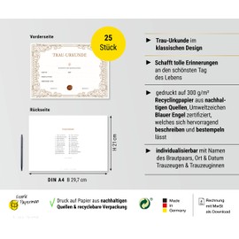 Frank Paperman 25 x Certificates for Marriage | Original Wedding Gifts | Classic Design | Wedding Card | DIN A4 Format | Wedding Surprise Registry Office