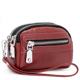 ALLITIC Women Coin Purse Genuine Leather Small Triple Zipper Coin Wallet Pouch with Removable Wristlet Strap