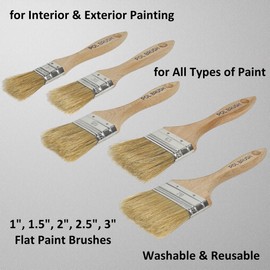 Set of 5 1, 1.5, 2, 2.5, 3 Inch Flat Paint Brushes - High European Quality - Natural Bristles - for Home, Wood, Walls, Art, Trim & Furniture - for Acrylic, Oil, Stain, Chalk & Latex Paints
