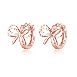 Reffeer Solid 925 Sterling Silver Bow Hoop Earrings Ribbon for Women Teens Bowknot Hoop Earrings Huggie (C-Rose Gold)