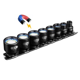BLACKROBOT 3/8" Drive Magnetic Impact Socket Set, 8-Piece Shallow Socket Set with Storage Rail, SAE 5/16" to 3/4", 6 Point Magnetic Sockets, Cr-Mo Steel