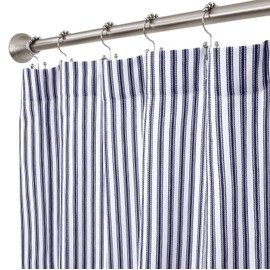 Cackleberry Home Navy Blue and White Ticking Stripe Woven Cotton Shower Curtain 72 Inches W x 72 Inches L