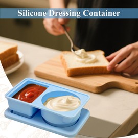 Silicone Reusable Snack Containers with Lids, Small Mini Double Compartment Sauce Cups for Salad Dressing, Lunch, Travel, Gym - 2 Pack(Blue)