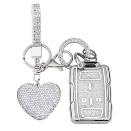 Vicoca for Chevy 4 Button Key fob Cover with Diamond Heart Keychain, Car Accessories for Chevy Silverado Colorado GMC Canyon Sierra 2014 2015 2016 2017 2018 2019 2020 2021 M3N-32337100, Clear