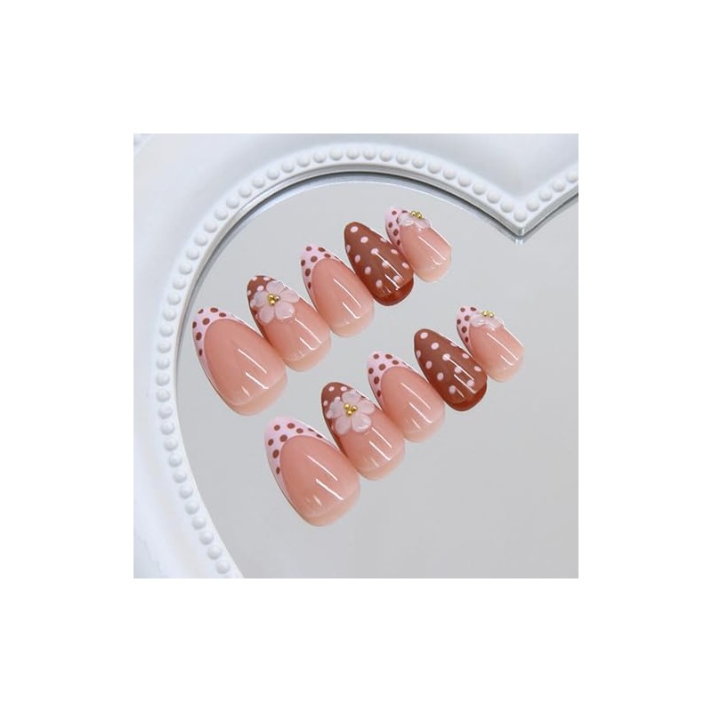 Uñas postizas cortas almendradas OCTOSWAVE con diseños florales 3D, lunares