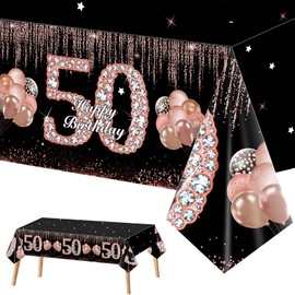 Eiurteao 50th Birthday Table Cloth Decorations for Women, Happy 50 Birthday Theme Table Cover Party Supplies, Black Rose Gold 50 Year Old Bday Plastic Rectangular Tablecloth Decor