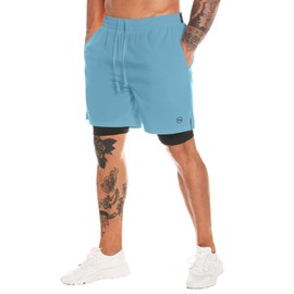 MOVEUP - Pantalones Cortos de Correr 2 en 1 para Hombre, de Secado rápido, con Forro, Pantalones Cortos de Entrenamiento con Bolsillos y Trabillas para Toalla, Azul/Claro, Small