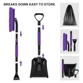 Odoland Ice Scraper with Snow Brush and Snow Shovel, 35" Extendable Snow Remover with Foam Grip, 360° Pivoting Brush Head for Car Windshield, Emergency Snow Scraper for SUV Truck Vehicle, Purple