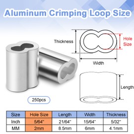 250Pcs 1/16"Cable Crimp Sleeves, Aluminum Wire Rope Crimping Loop Sleeve. Cable Ferrules for Cable and Wire Rope Crimp Double Barrel Crimp Sleeves (M1.5-1/16")