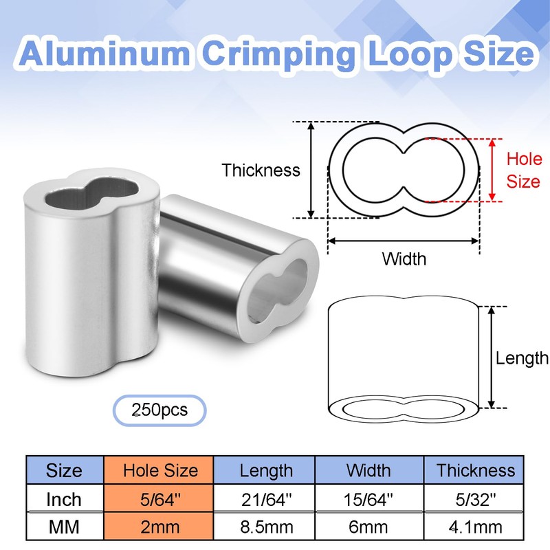 250Pcs 1/16"Cable Crimp Sleeves, Aluminum Wire Rope Crimping Loop Sleeve.