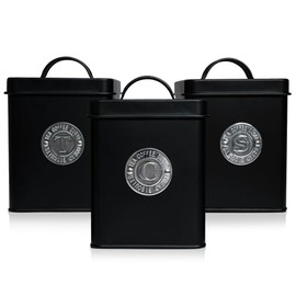 Plexon Canisters Sets for the Kitchen, Kitchen Canisters for Countertop Set of 3, Canister Sets with Lids and Copper Labels, Black