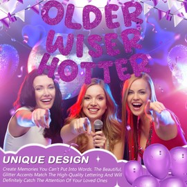 Set of 3 Pre Strung Older Wiser Hotter Glitter Banner Funny Birthday Banner for Women 30th 40th 50th 60th 70th 80th Birthday Party Decorations Birthday Sign Birthday Gift (Purple)