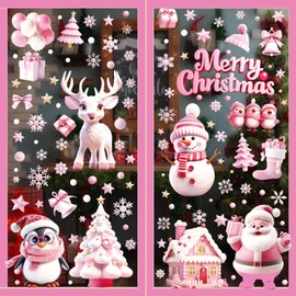 CHNBCG 9 Sheets Christmas Window Clings, 3D Pink Santa Claus Snowman Penguin Deer Snowflake Christmas Tree Glass Door and Window Double-Sided Winter Holiday Decoration Sticker