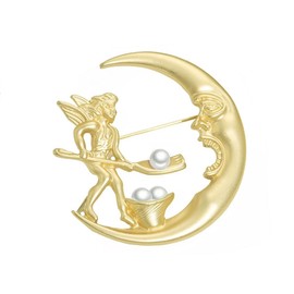 Baroque Angel Fairy Feeding Moon Cresent Brooch Pin for Women Men Vintage Funny Pearl Lapel Pin Dainty Brooches Badge for Hat Bag Accessory Elegant Dress Ladies Coat Clothing Corsage Decoration Gift