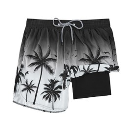 Mens Swim Trunks with Compression Liner, Mens Bathing Suit No-Chafing Swimming Trunks 5.5 Inch Inseam Gradient Black Palm Tree Board Shorts Swimwear, Beach Shorts Quick Dry with Zipper Pockets, XXL