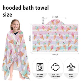 Ice Cream Hooded Beach Towel For Kids, Cartoon Hooded Towels For Toddlers 30" X 50", Kids Beach Towels For Pool, Travel, Swim, Colorful Wearable Bath Towel For Toddlers, Girls Bath Towel with Hood