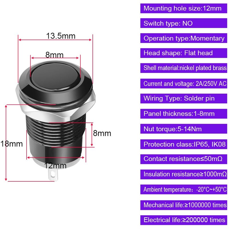 Gebildet Pack of 6 Black 12 mm Waterproof Push Button