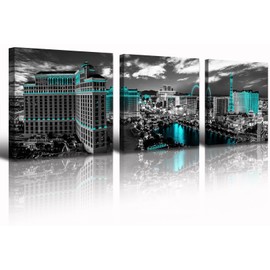 BLINFEIRU Las Vegas Wall Art - Teal Nevada Cityscape Artwork Black and White City Skyline Pictures Wall Decor Bellagio Skyscraper Night View Panoramic Canvas Prints Framed 14"x14"x3