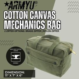 ARMYU Heavy Duty Small Tool Bag Tactical Cotton Canvas Mechanics Bag, 11" x 7" x 6", Olive - Brass Zipper