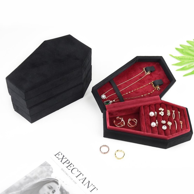 Laroal Mini Coffin Shaped Gothic Jewelry Box Plush Velvet Small