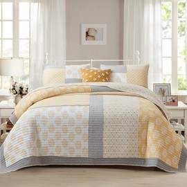 Y-PLWOMEN 100% Cotton Twin Quilt with 1 Pillowcase for All Season, Yellow/White/Grey