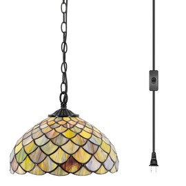 AVIVADIRECT Tiffany Pendant Light Plug in 12 Inch Brown Fish Scales Stained Glass Hanging Lamp with Chain 33 Inch, Cord 15 Feet