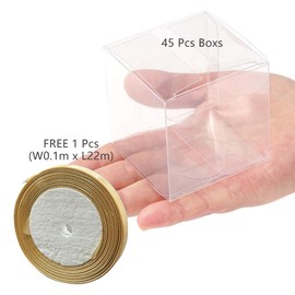 PayPie 45 Pack Clear Favor Boxes 3x3x3 Inches with Ribbons, Clear Plastic Cube Candy Boxes Party Favor Treat Boxes for Birthday Wedding Shower Party Decorations
