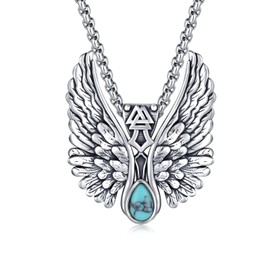 OHAYOO Viking Chain 925 Sterling Silver Valknut Pendant Necklace Turquoise Runes Valknut Wings Amulet Talisman Jewellery for Men Women, Regular, Sterling Silver, Created Turquoise