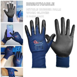 QEARSAFETY 3 Prs Navy Blue Screen-Touch Work Safety Gloves, Foam Breathable Nitrile Rubber Palm Coated, Knitted Quality Liner, Fit To Hand, Logistics, Warehouse Use(8/M)