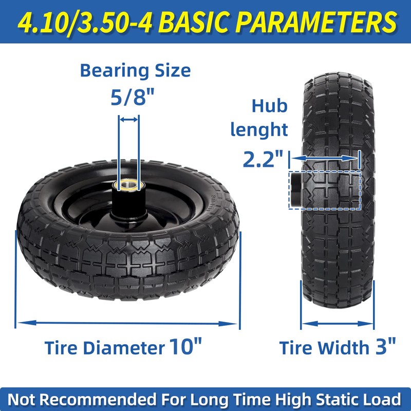 GICOOL 10" Flat-free Solid Tire and Wheel Replacement 4.10/3.50-4, with