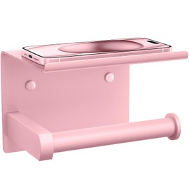 Tindbea Toilet Paper Holder with Phone Shelf, Adhesive or Screw Wall Mount Toilet Tissue Roll Holder, Rustproof & Multifunctional Stainless Steel Bathroom Storage Dispenser (Blush Pink)