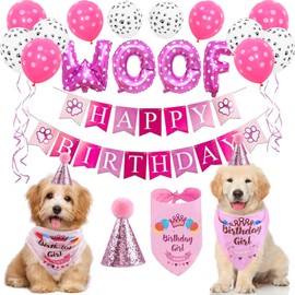 Dog Birthday Party Decoration with Dog Bandana, Dog Birthday Bandana Hat Banner Set, WOOF Balloons Happy Birthday Banner Paw Print Balloons for Pet Decorations (Pink)