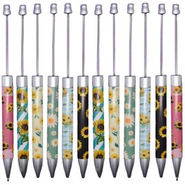Maydahui 12 PCS Flowers Beadable Ballpoint Pens Retractable Sunflower Chrysanthemum Bead Pen Novelty Plastic Shaft Beaded Black Ink for DIY Making School Party Office (Beads Not Included)