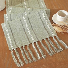 Farmhouse Decor Boho Table Runner with Macrame, Elegant Sage Green Coffee Table Runners 72 Inches Long, Rustic Home Decor Boho Decorations for Dining Room Kitchen Baby Bridal Shower (13"×72")