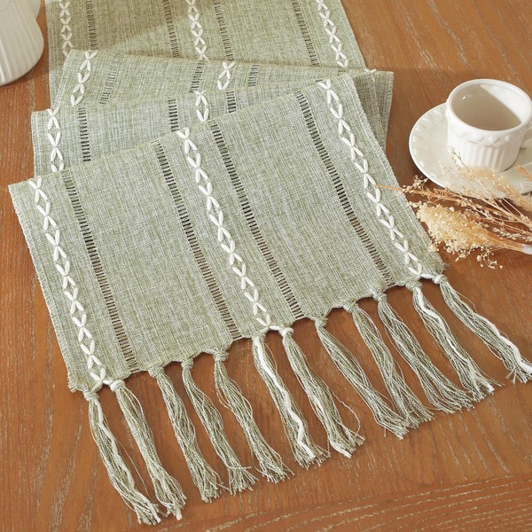 Farmhouse Decor Boho Table Runner with Macrame, Elegant Sage Green