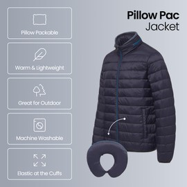 Weatherproof Men's Puffer Jacket, Lightweight Alternative Down Jacket with Packable Travel Neck Pillow, Travel-Ready Winter Jackets for Men, Water & Wind Resistant, Navy, Large