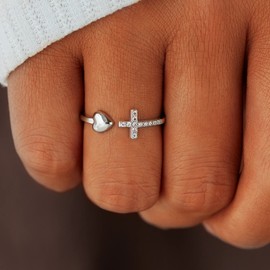 Cross Ring for Love, Silver Cross and Heart Ring for Women, Inspirational Pray Cross Heart Religious Christian Faith Jewelry Gifts for Her, Pray Through it Ring for Wife, Gemstone, Cubic Zirconia