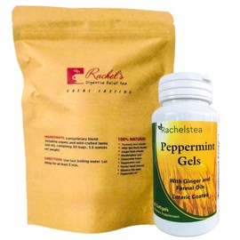 Rachelstea Turmeric, Wild Yam, Ginger, Marshmallow, Chamomile, Peppermint, Fennel, Slippery Elm: 30 Bags, 60 Cups Peppermint Gels: 90 Enteric Coated softgels with Ginger and Fennel Oil